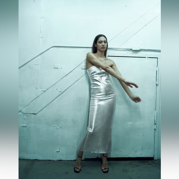 Zara ZW FITTED METALLIC DRESS. Silver. Size XS. New with Tags. - Picture 3 of 8